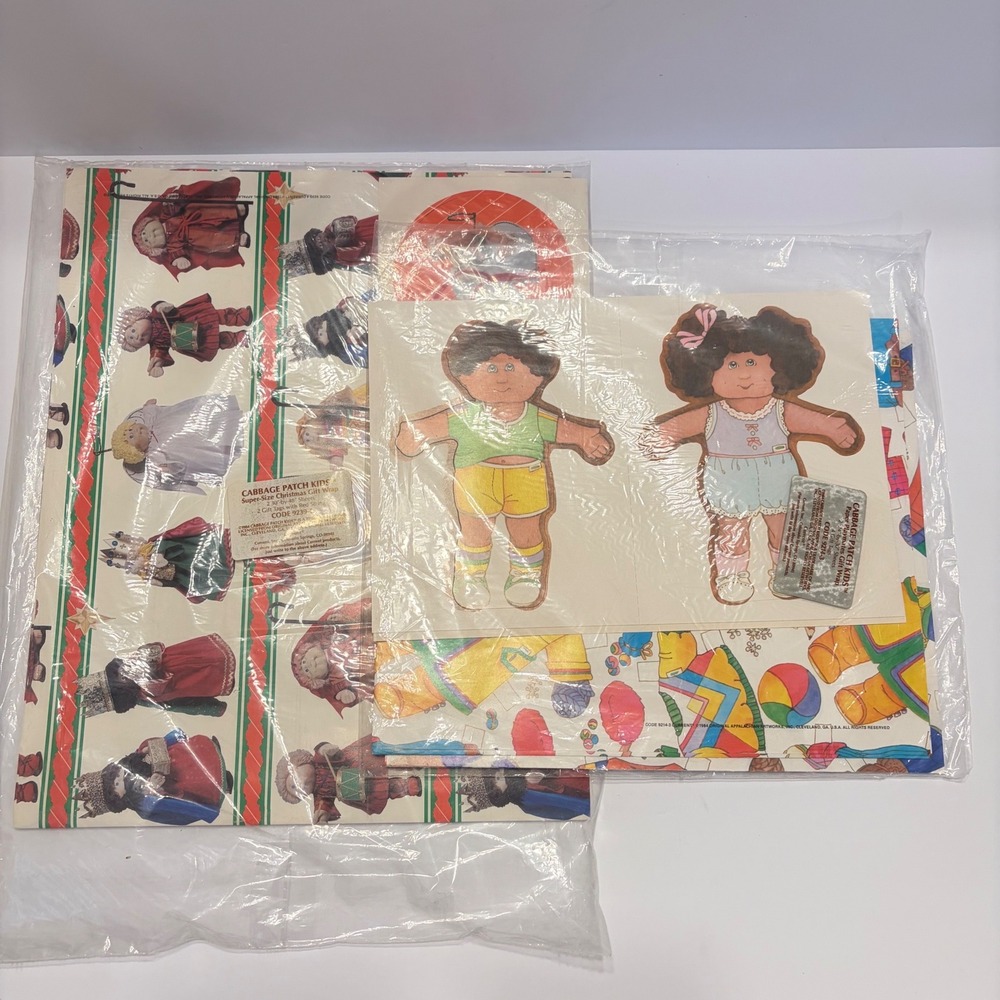 Vintage 1984 Cabbage Patch Kids Gift Wrap Lot Christmas & Playmates 4 Sheets NEW